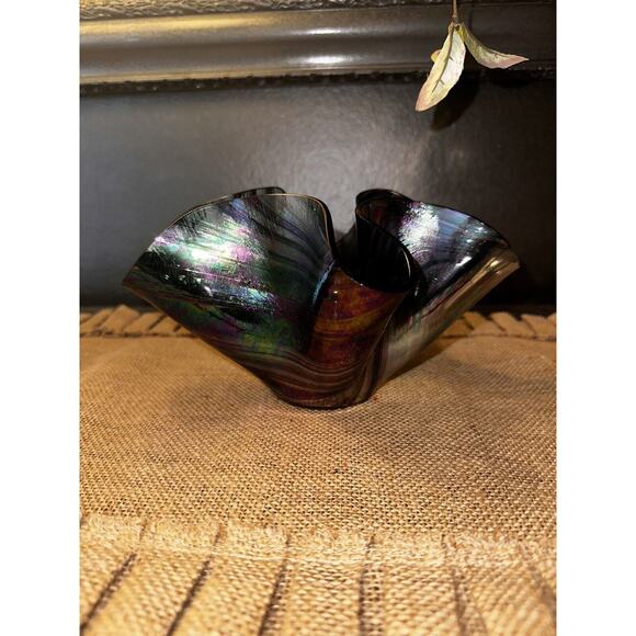 Vintage HAND BLOWN ART GLASS IRIDESCENT HANDKERCHIEF CANDLE HOLDER Vase EUC - Picture 4 of 16